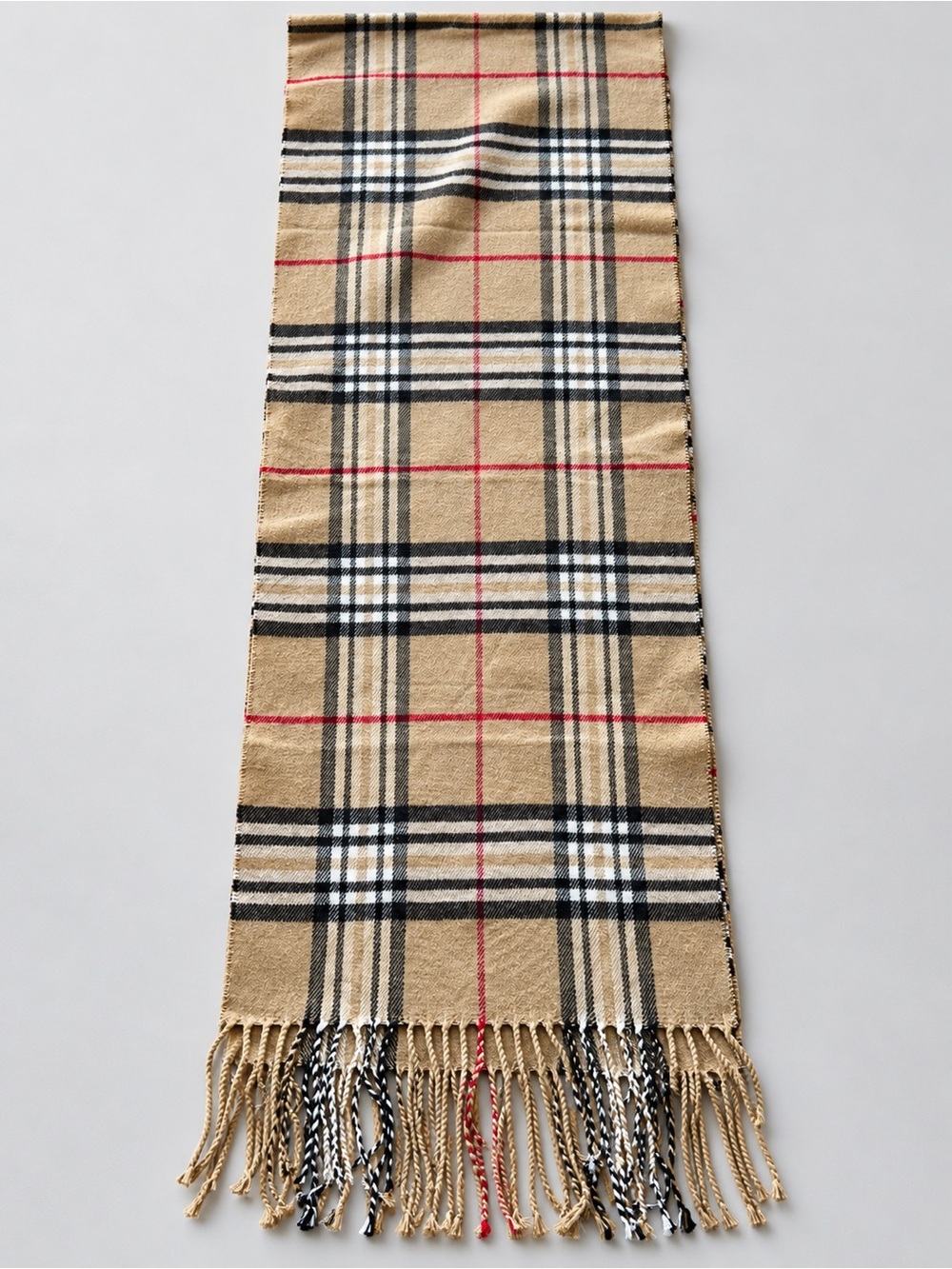 100% Cashmere Beige Tartan Plaid Fringe Scarf Made in Scotland Unisex